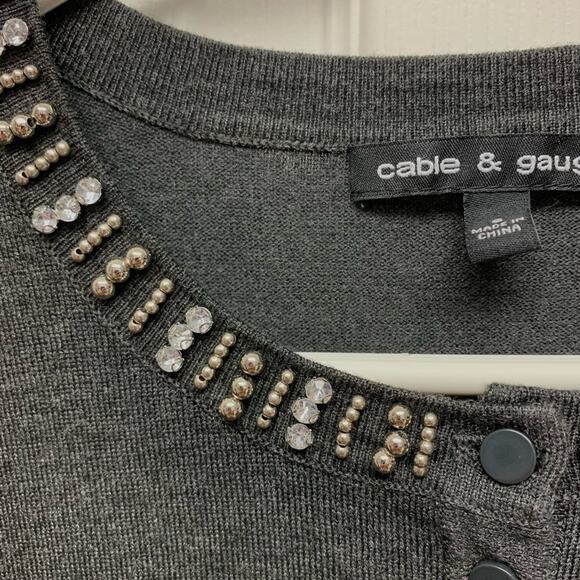 Cable and Gauge Charcoal Gray Cardigan, Beaded Neck, Festive Sweater, Size S - Picture 5 of 5